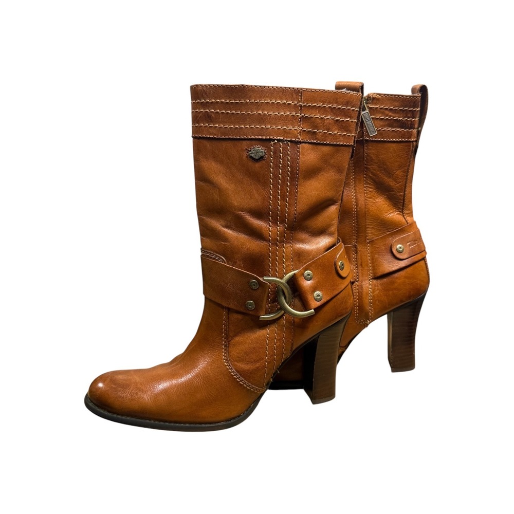 Harley Davidson Womens 6.5 Brown Leather Harness Heeled Moto Boots 85062